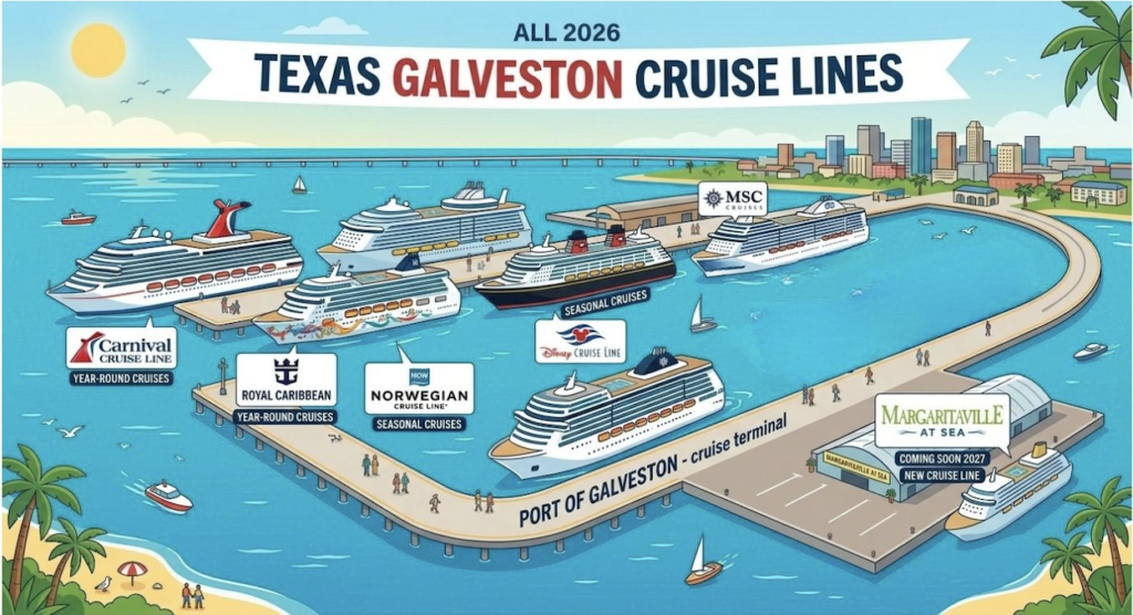 Infographic map of Texas Galveston cruise lines showing Carnival, Royal Caribbean, Norwegian, Disney, MSC, Princess, and Margaritaville at Sea at the Port of Galveston
