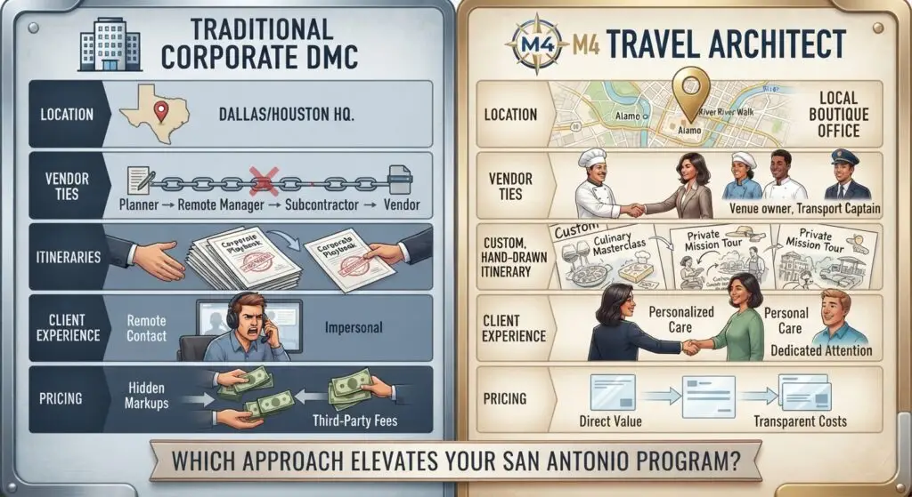Comparison infographic of Traditional Corporate DMC versus M4 Travel Architect for San Antonio group travel planning