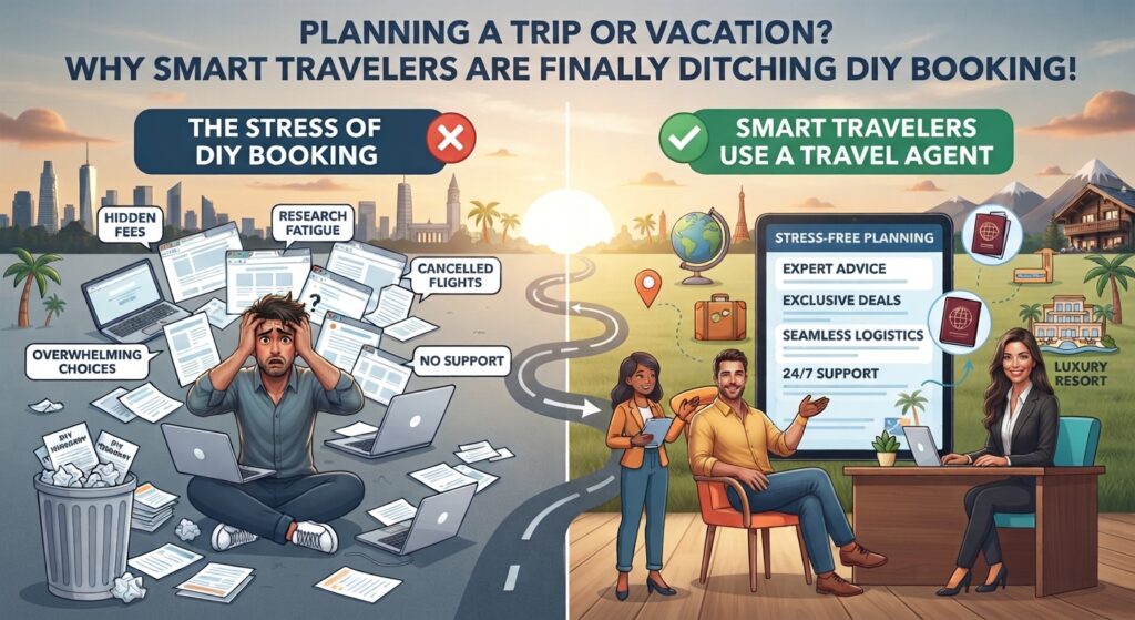 A smiling traveler planning a trip with the help of a professional travel designer