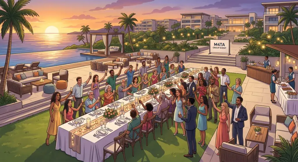 Here is the exact text to copy and paste directly into your WordPress Media Library fields for that image:Alt Text: all inclusive resort group travel setup for large parties